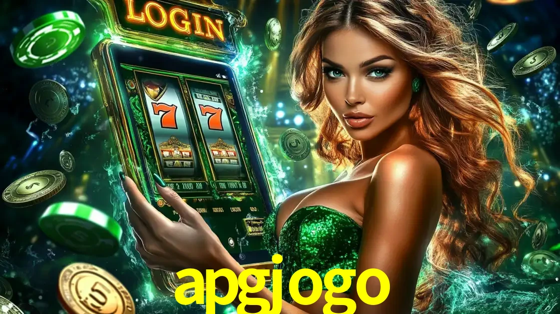 Mulher com tema verde apresentando o aplicativo do cassino apgjogo com um jogo de slot de 777, cercada por fichas de cassino e uma aura de sorte.