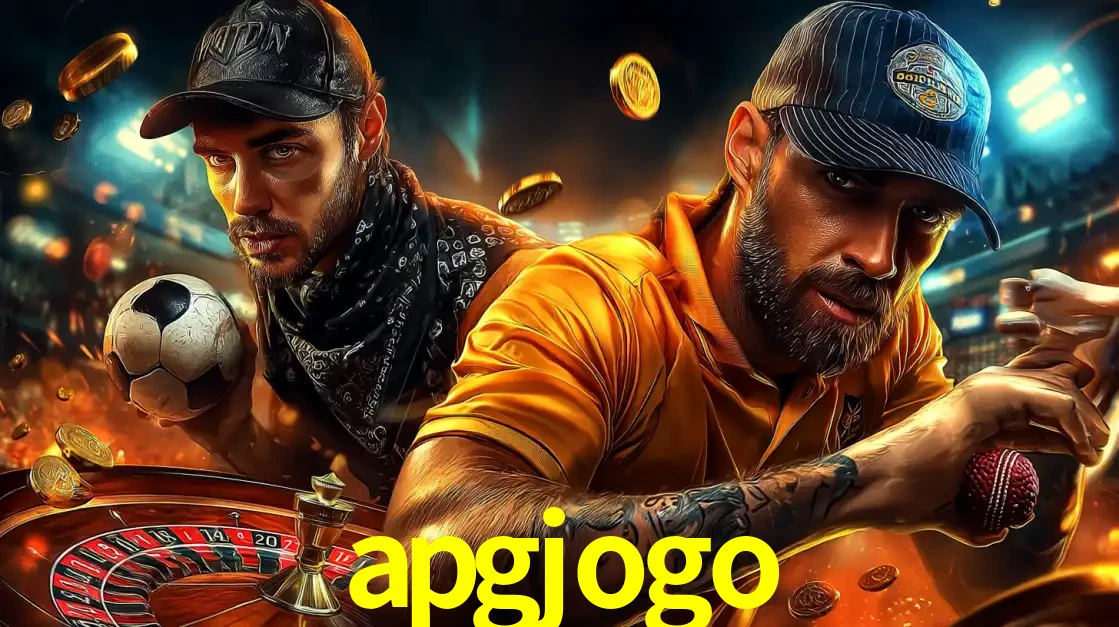 Montagem de apostas esportivas e cassino no apgjogo, com um homem segurando uma bola de futebol e outro uma de beisebol sobre uma roleta e moedas voadoras.