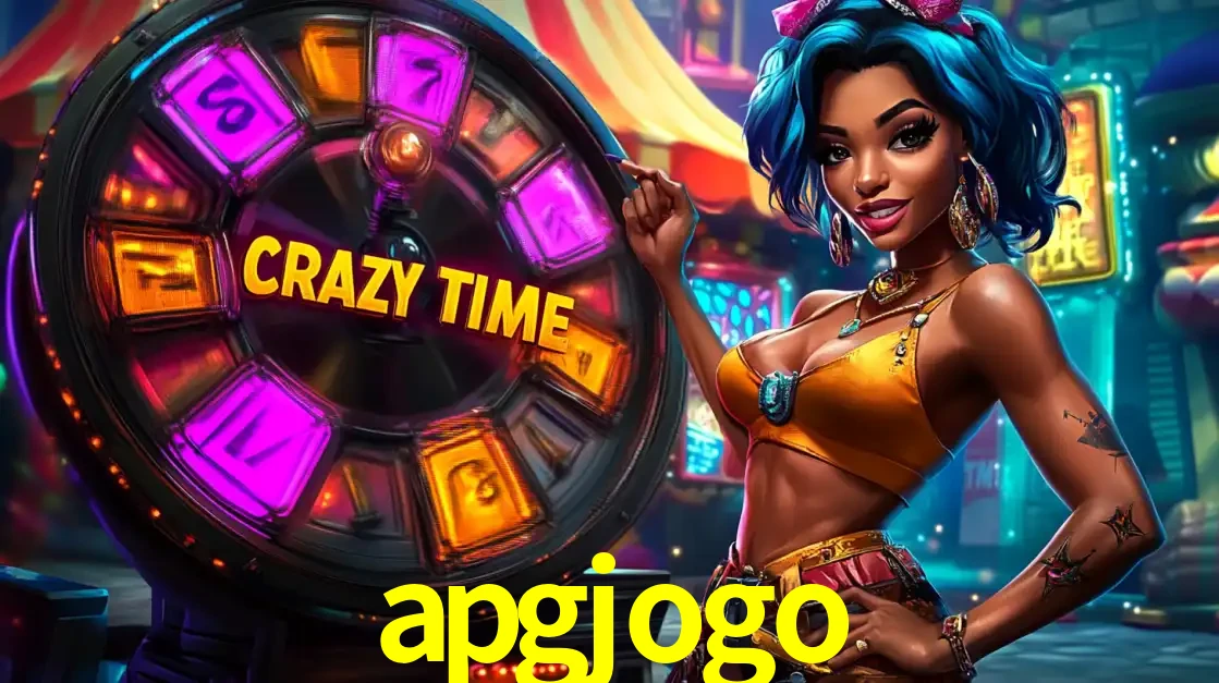 Mulher estilizada com cabelo azul e visual vibrante posando ao lado da roda de prêmios do game show Crazy Time, convidando para a diversão e os bônus do cassino apgjogo.