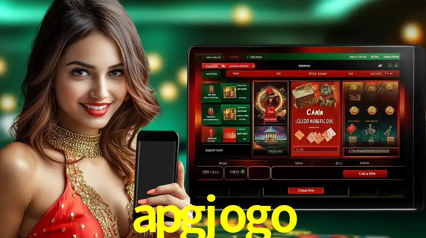 Mulher sorridente segurando um smartphone, ao lado de uma tela exibindo o lobby de jogos do cassino online apgjogo, com várias opções de jogos de cartas e slots.